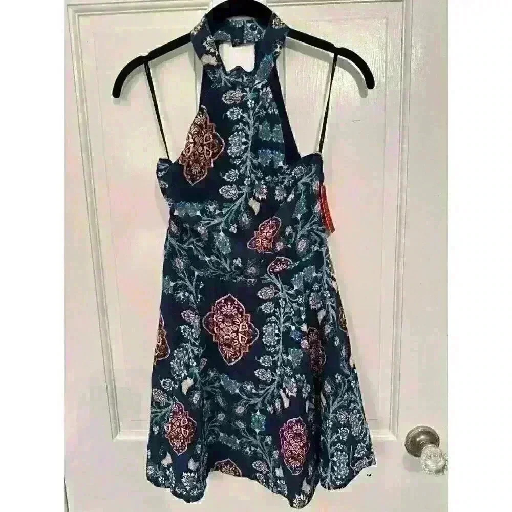 Tigerlily Navy Boho Print Halter Silk‎ Dress size 2 NWT